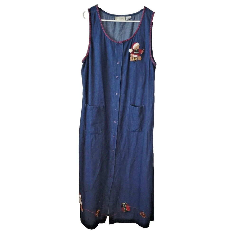 Lemon Grass L Denim Maxi Dress Embroidered Christmas Teddy Bear Button up Santa